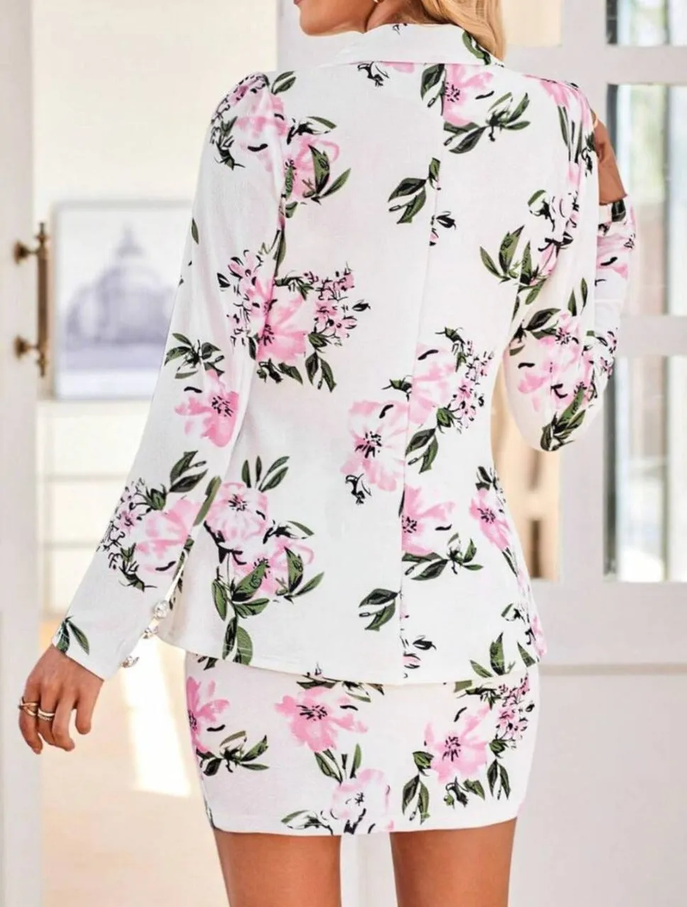 Elegant Floral Printed Double Breasted Jacket & Bodycon Skirt Set