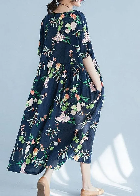 Elegant navy print cotton pattern o neck baggy Maxi Dress