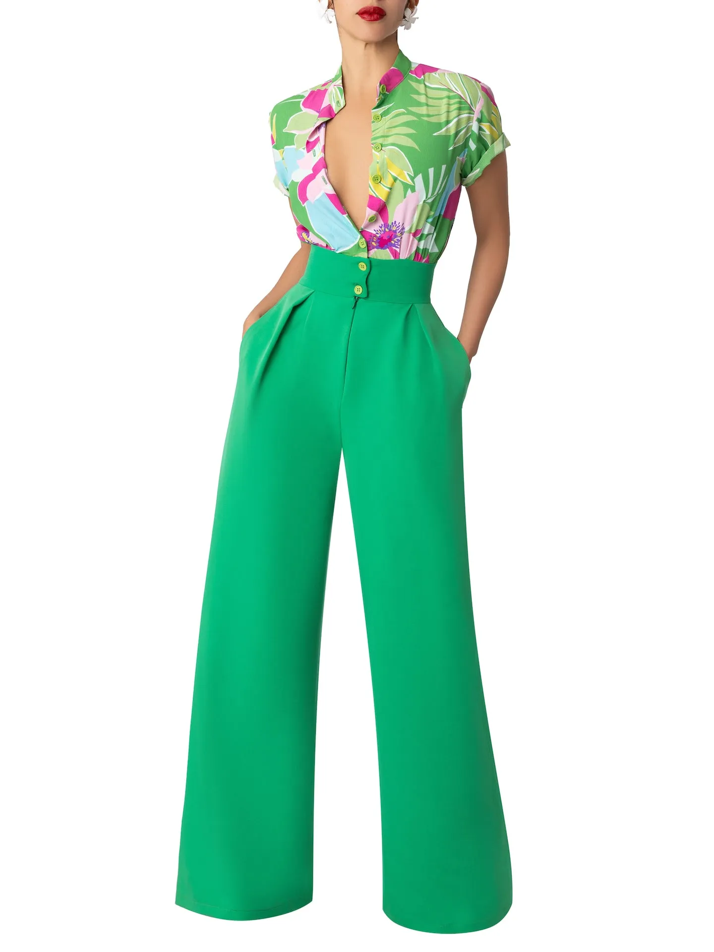 “Fahey” Green Print Colorblock Jumpsuit