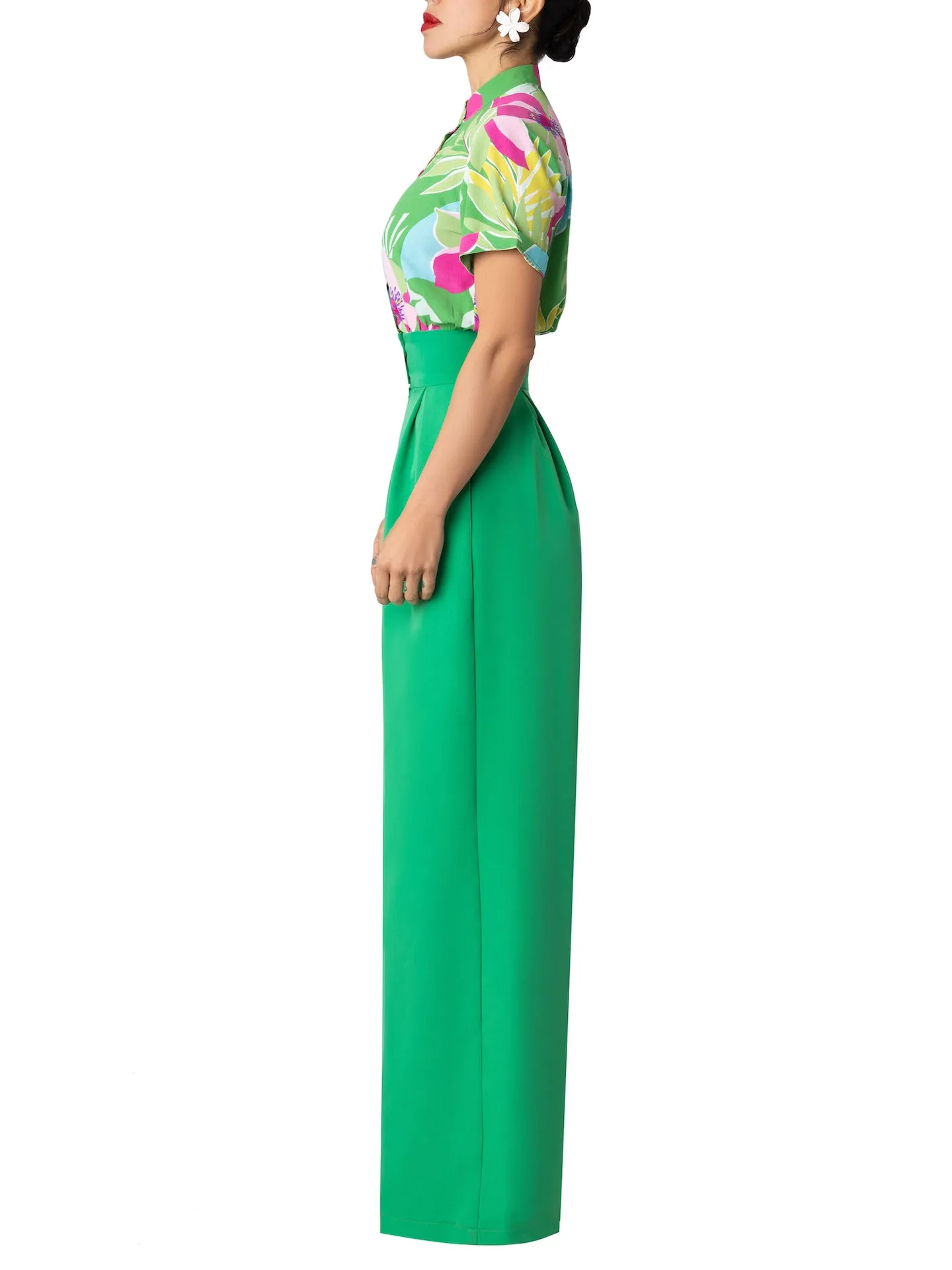 “Fahey” Green Print Colorblock Jumpsuit