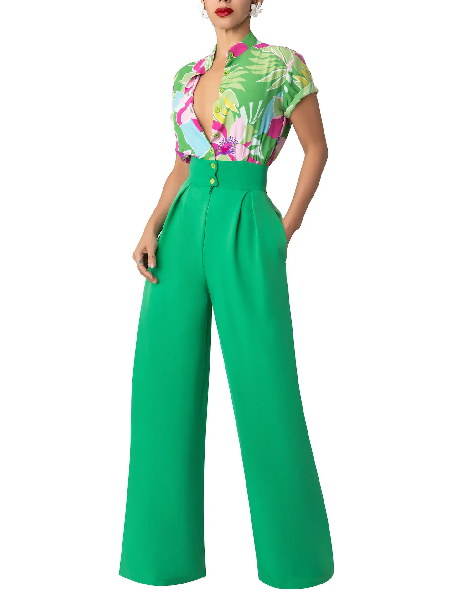 “Fahey” Green Print Colorblock Jumpsuit