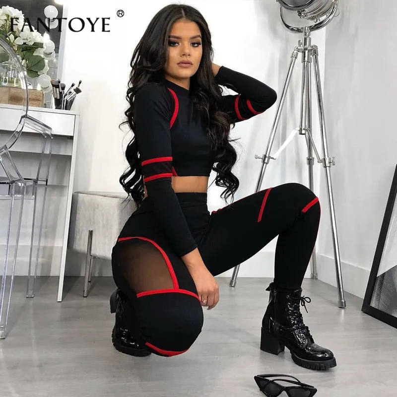 Fantoye Red Stripped High Elastic Two Piece Set Sport Suit Sexy O Neck Long Sleeve High Waist Bodycon Women Casual Tracksuit