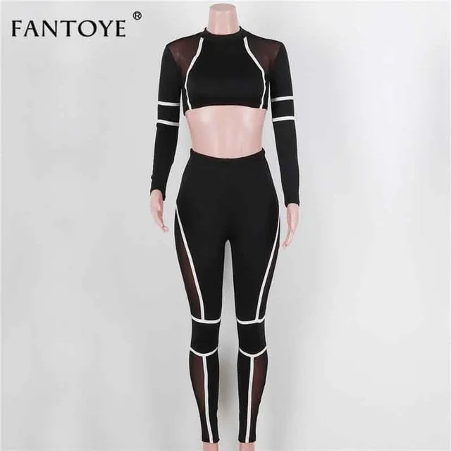 Fantoye Red Stripped High Elastic Two Piece Set Sport Suit Sexy O Neck Long Sleeve High Waist Bodycon Women Casual Tracksuit