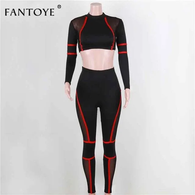 Fantoye Red Stripped High Elastic Two Piece Set Sport Suit Sexy O Neck Long Sleeve High Waist Bodycon Women Casual Tracksuit