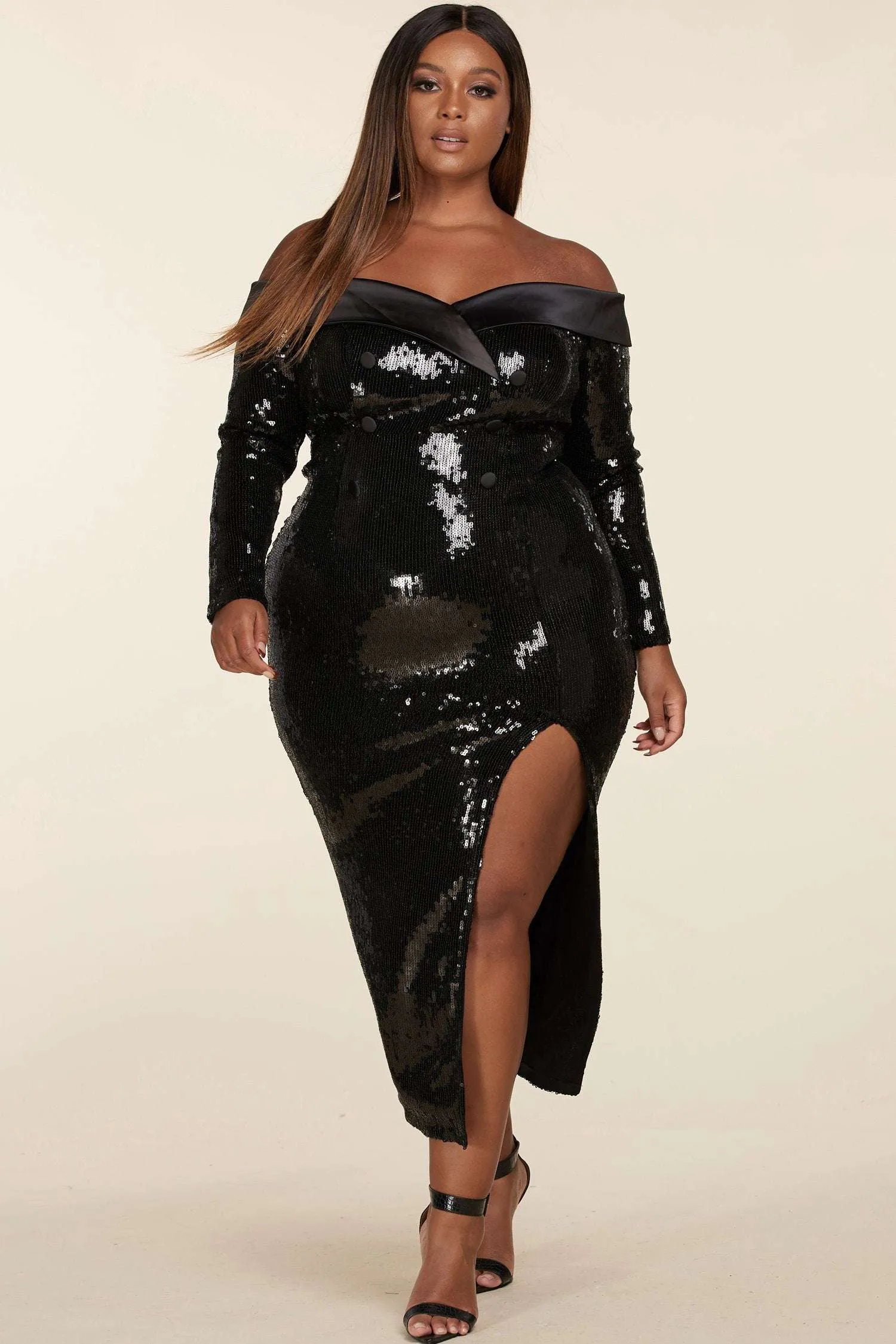 Fasheabe Plus Size Sequined Black Ankle Length Long Sleeve Gown