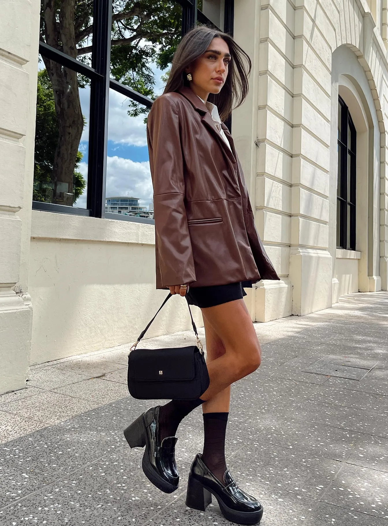 Fashionkova Morrison Faux Leather Blazer Brown