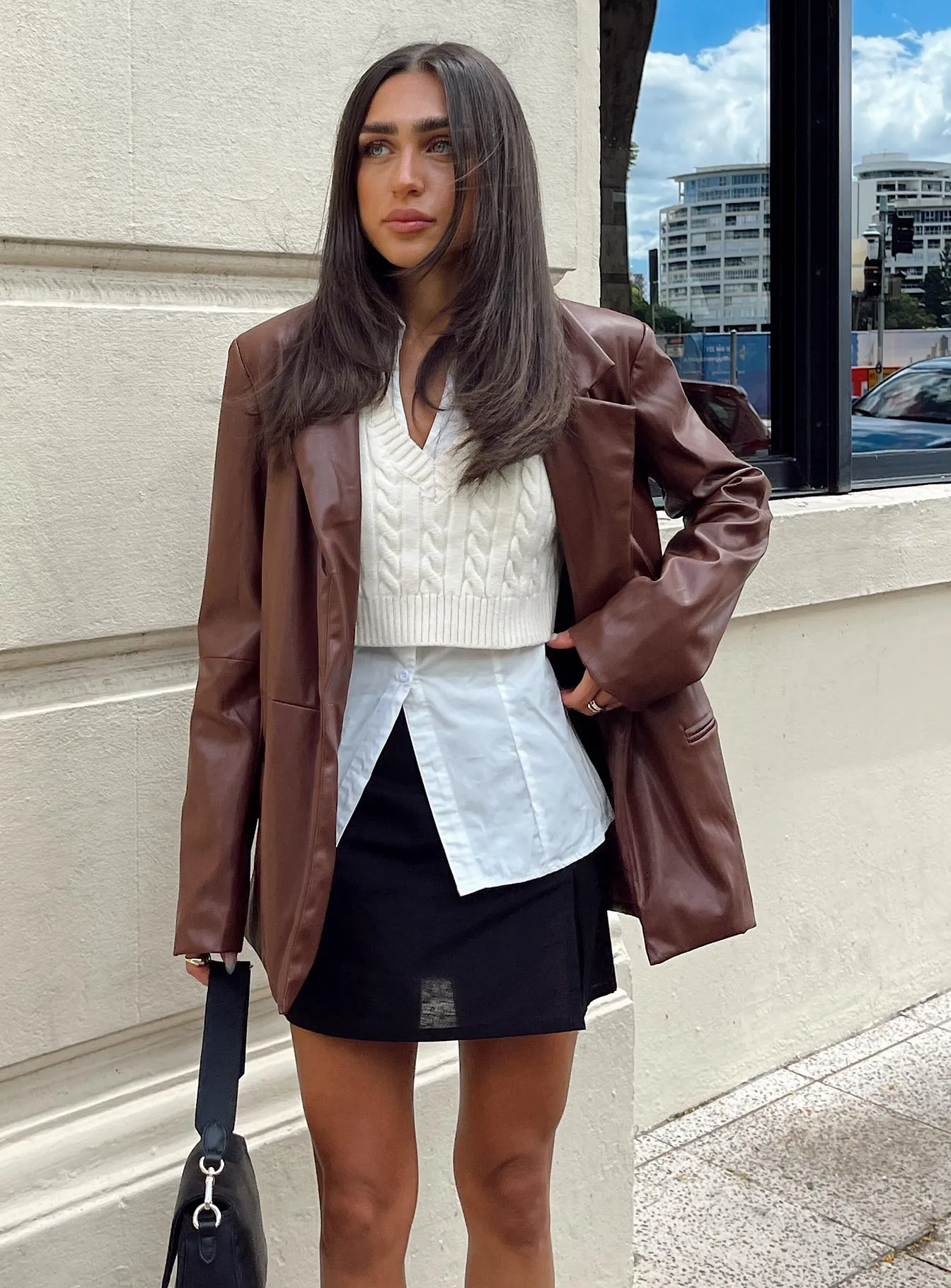 Fashionkova Morrison Faux Leather Blazer Brown