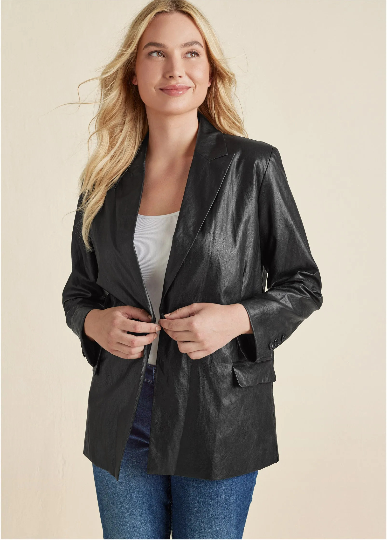 Faux-Leather Blazer - Black