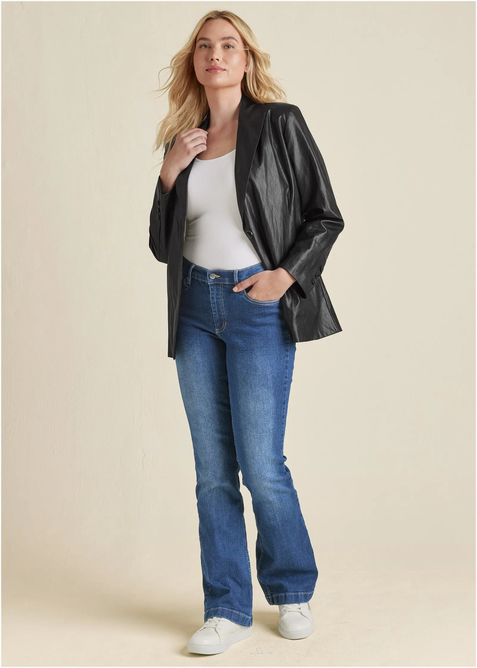Faux-Leather Blazer - Black