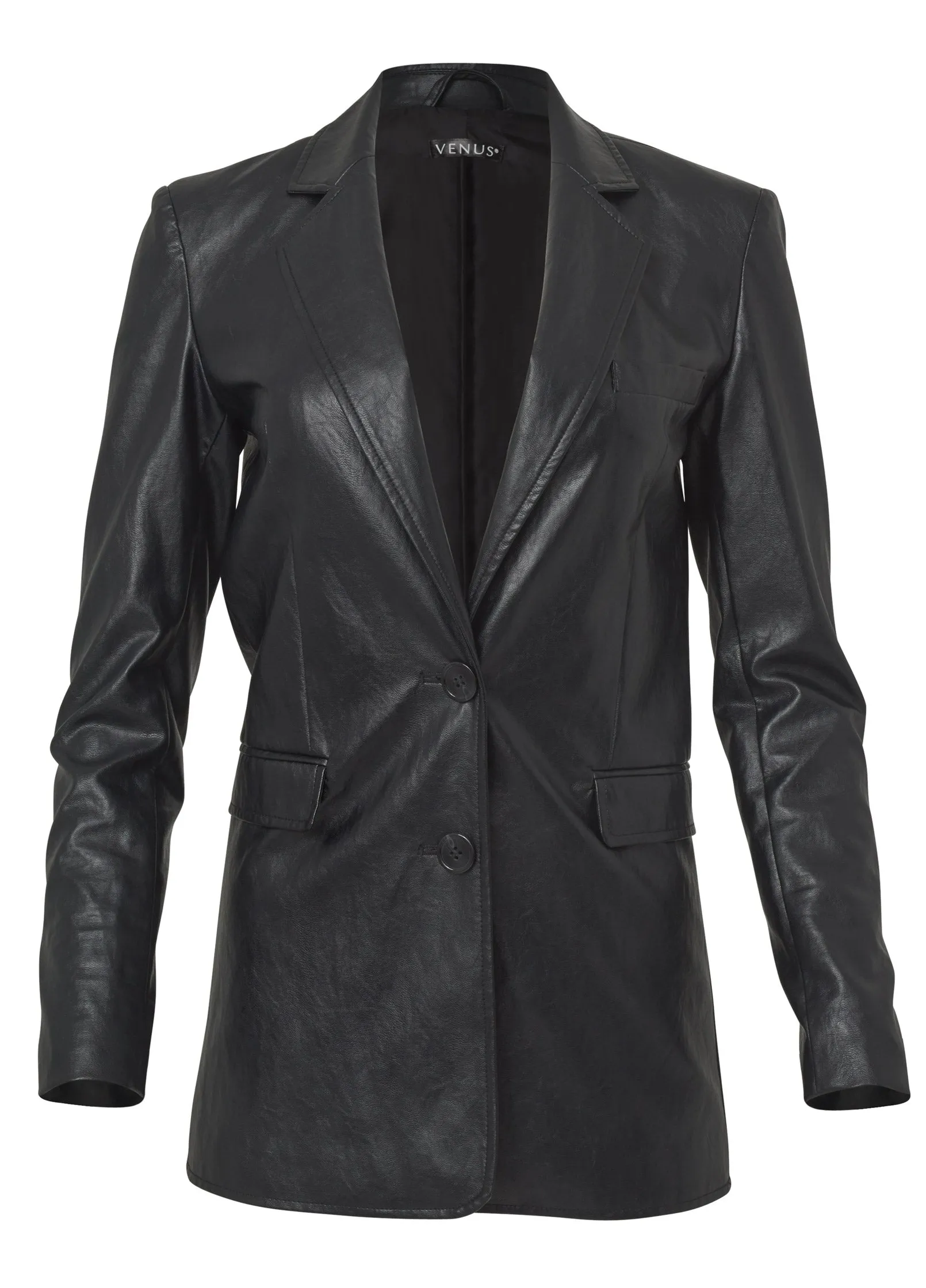 Faux-Leather Blazer - Black