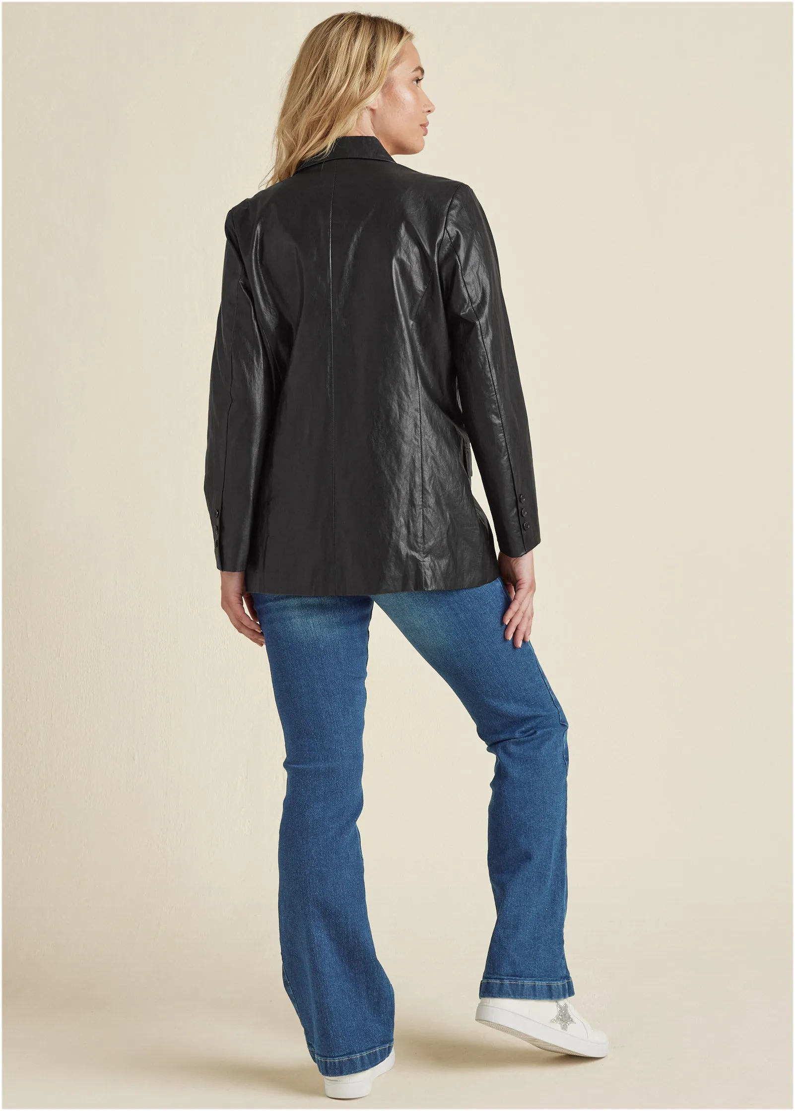 Faux-Leather Blazer - Black