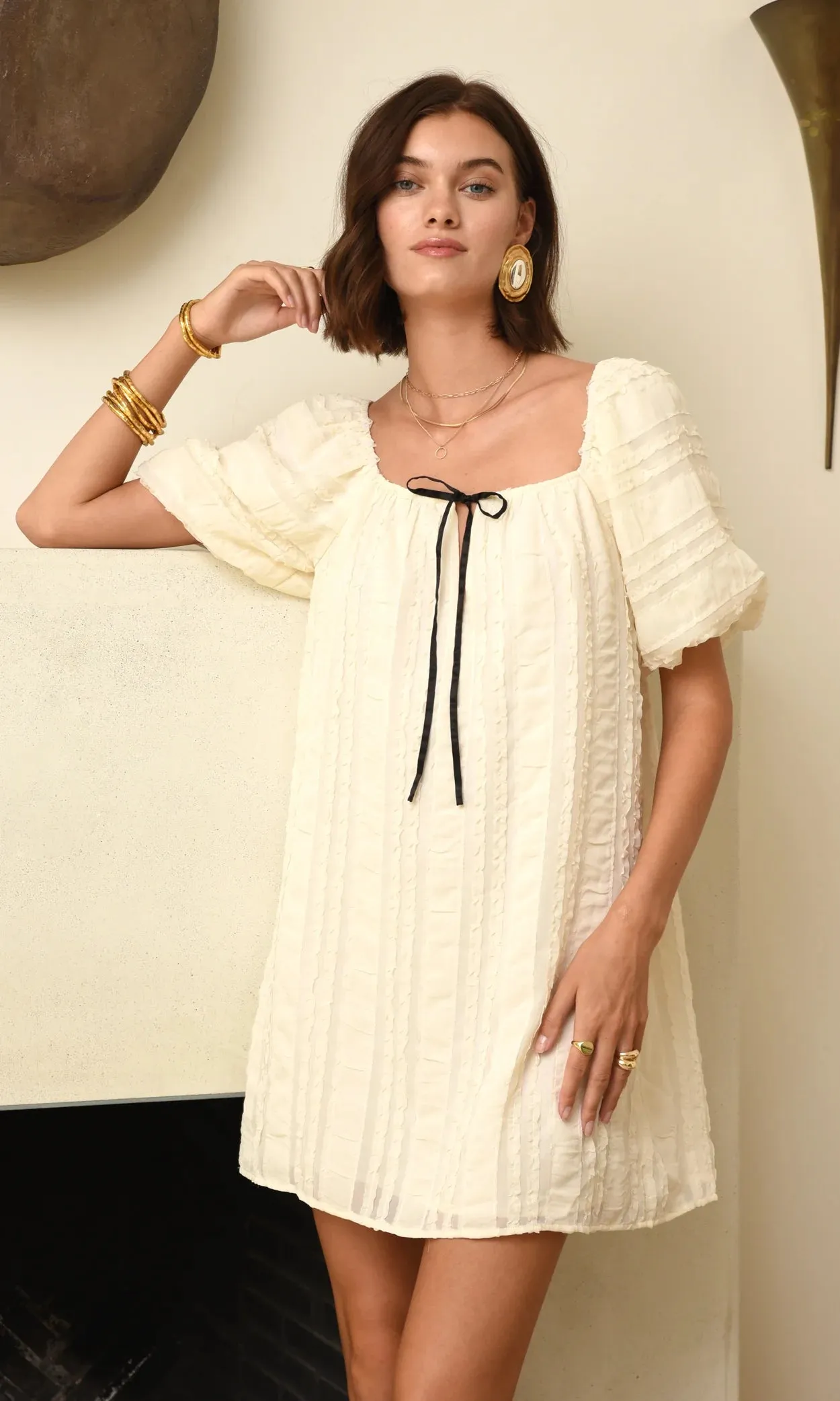 Felina Puff Slv. Mini Dress-Cream