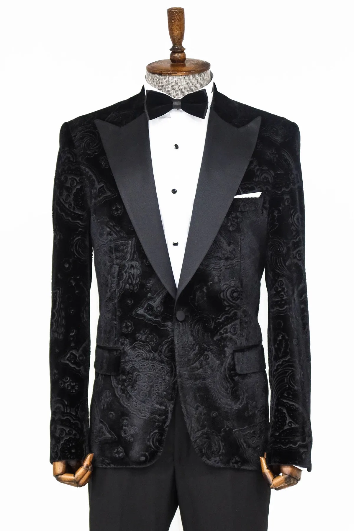 Floral Patterned Velvet Black Men Prom Blazer and Trousers Combination - Wessi