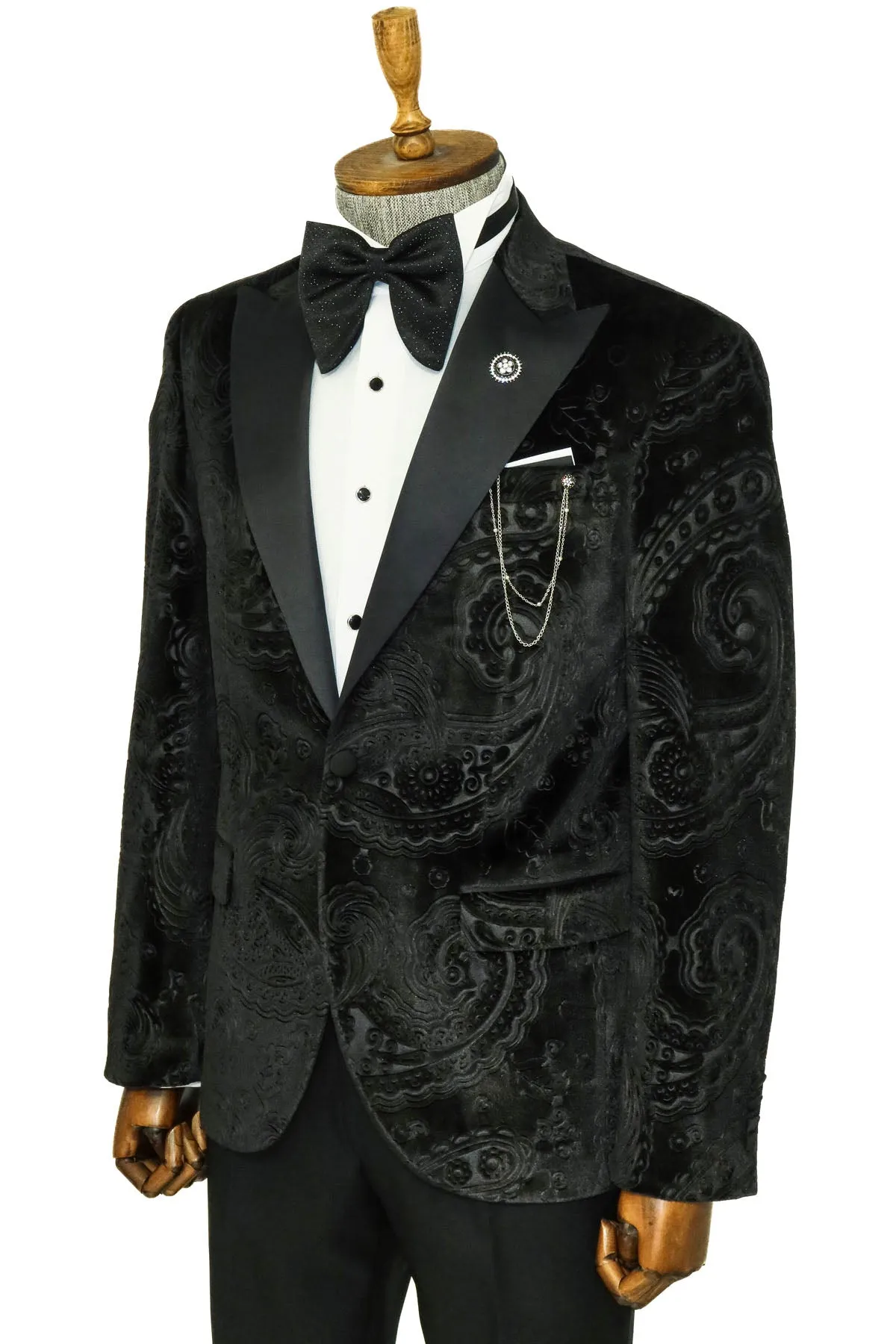 Floral Patterned Velvet Black Men Prom Blazer and Trousers Combination - Wessi