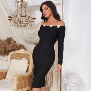 Flower Applique Black Bandage Dress