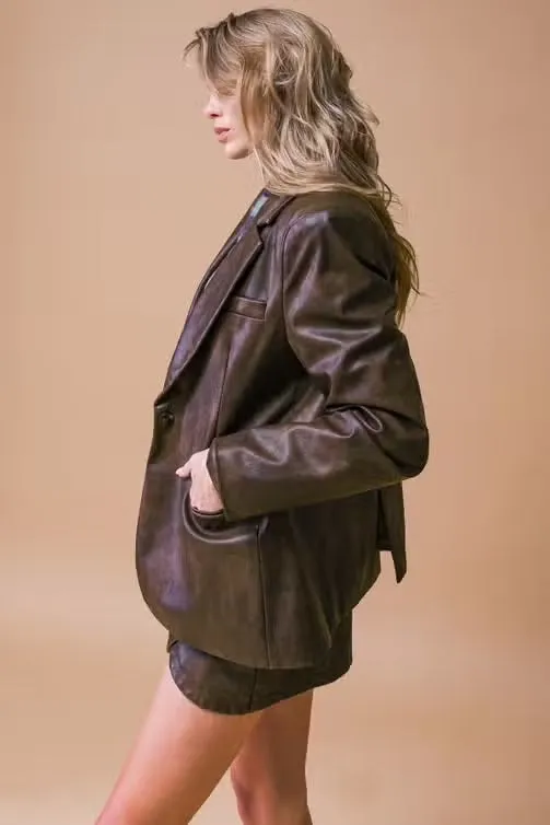 Flying Tomato Washed Faux Leather Blazer