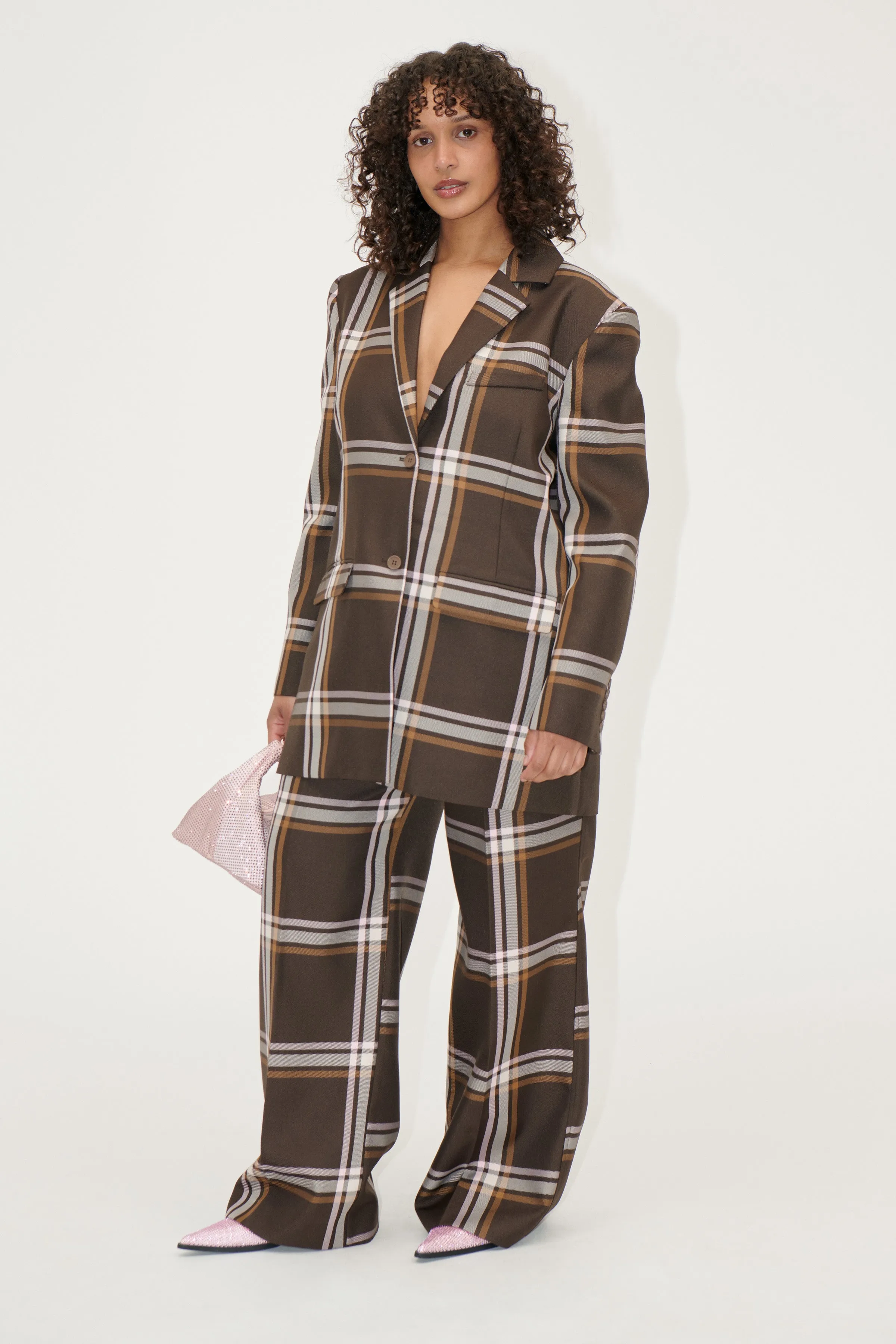 Front Pleat Long Straight Pants - Weaved Checks
