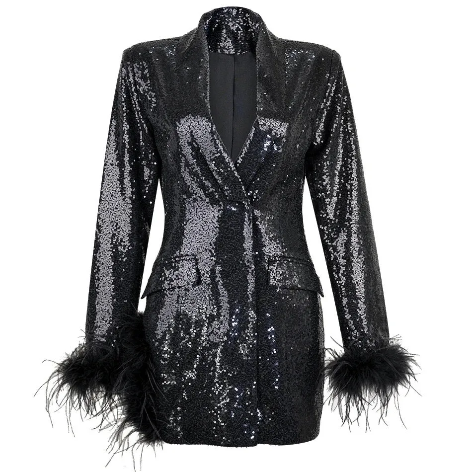 Fuzzy Cuff Single Breasted Sequined Blazer Dress