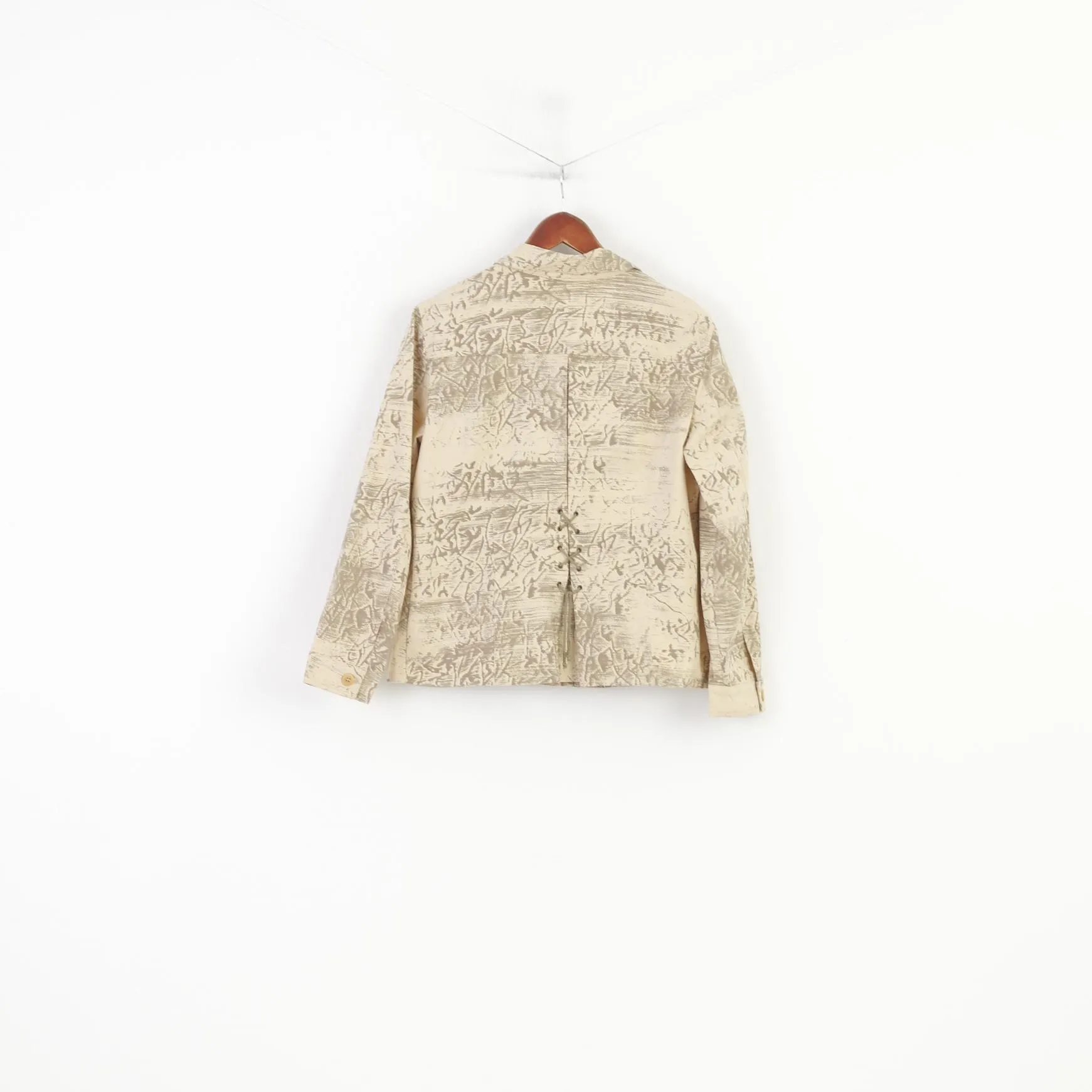 Gerry Weber Women 14 40 L Blazer Beige Cotton Western Printed Buttoned Country Collar Vintage Jacket