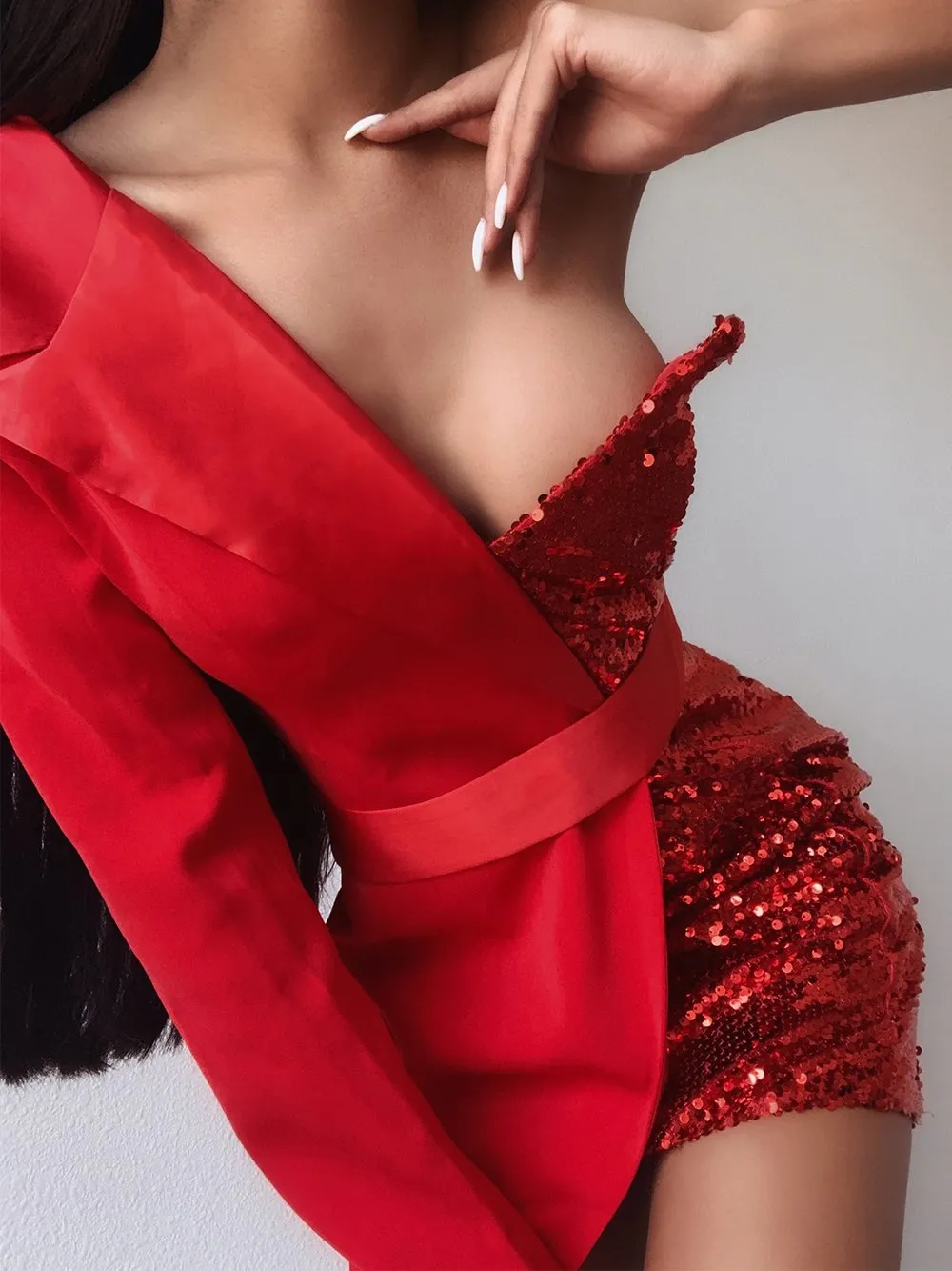 GF Red Half Sequined Asymmetrical Mini Dress