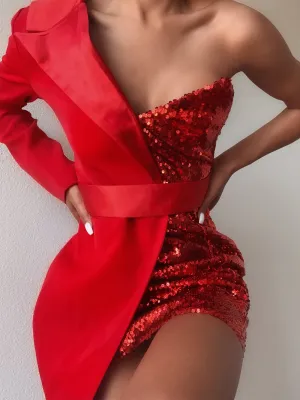GF Red Half Sequined Asymmetrical Mini Dress