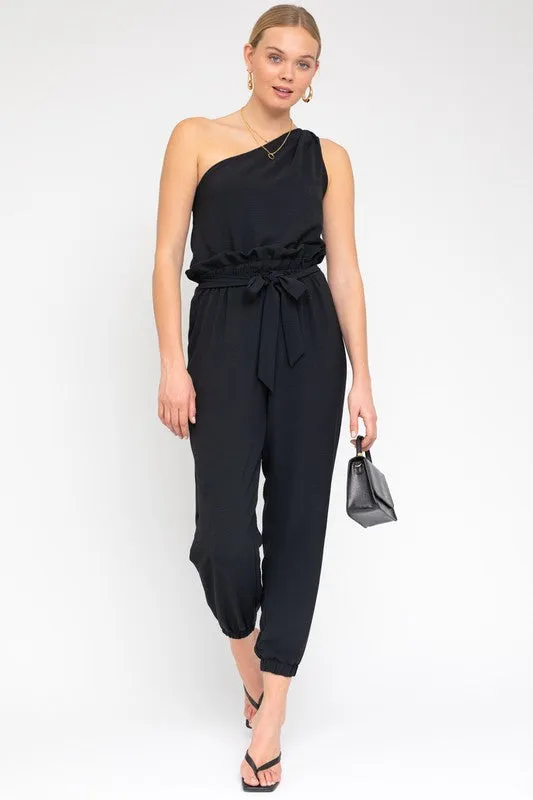 GILLI Black One Shoulder belted Jogger Jumpsuit
