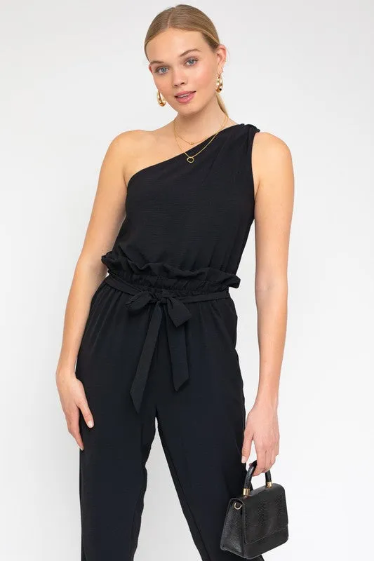 GILLI Black One Shoulder belted Jogger Jumpsuit