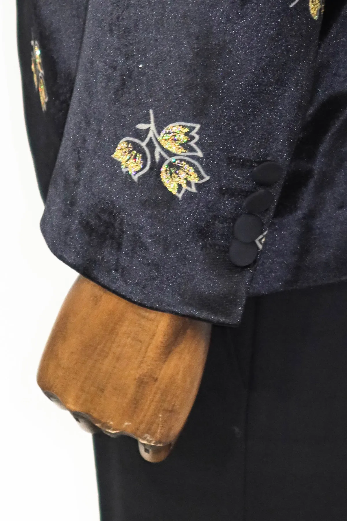 Gold Floral Patterned Shiny Black Men Prom Blazer and Trousers Combination- Wessi