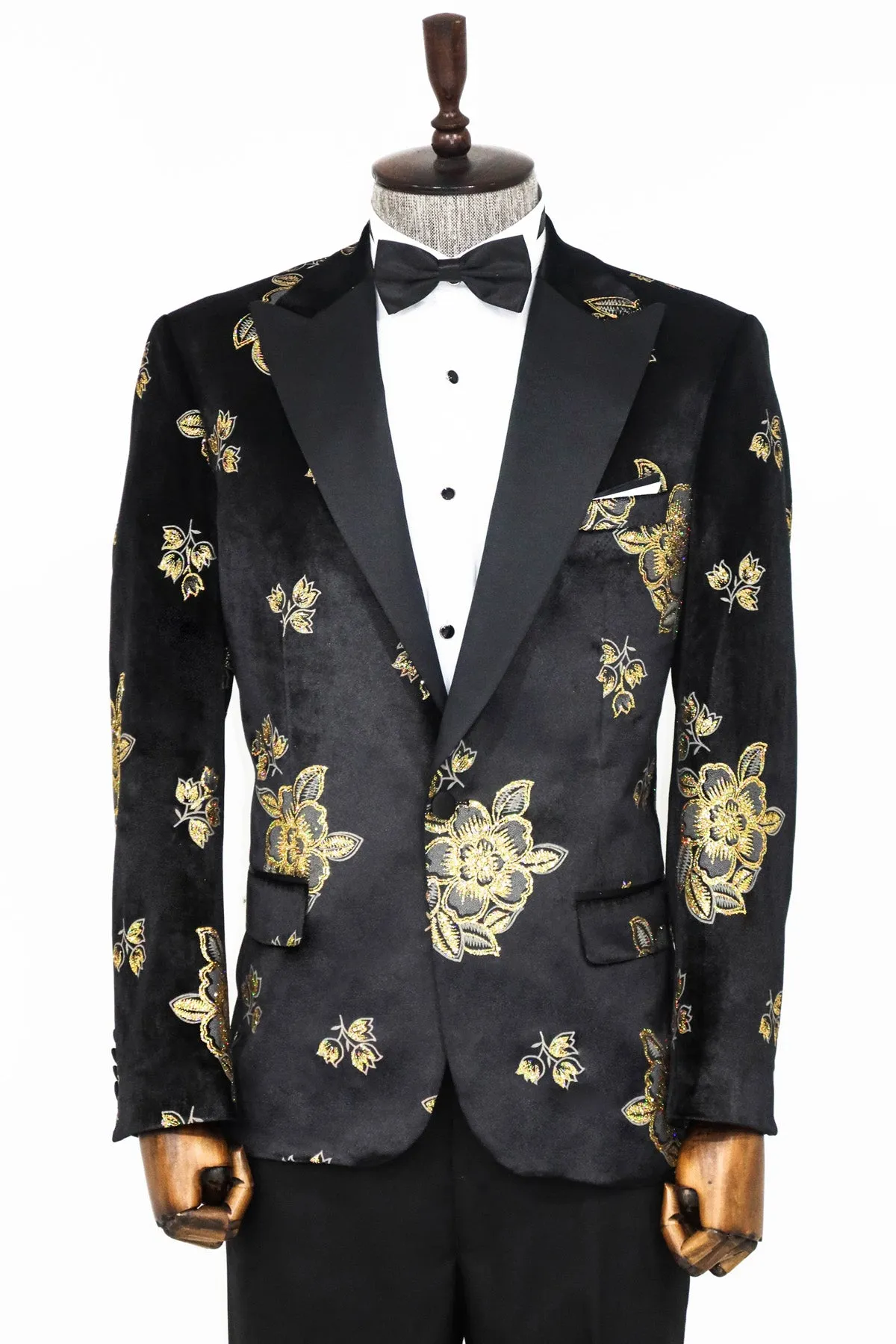 Gold Floral Patterned Shiny Black Men Prom Blazer and Trousers Combination- Wessi