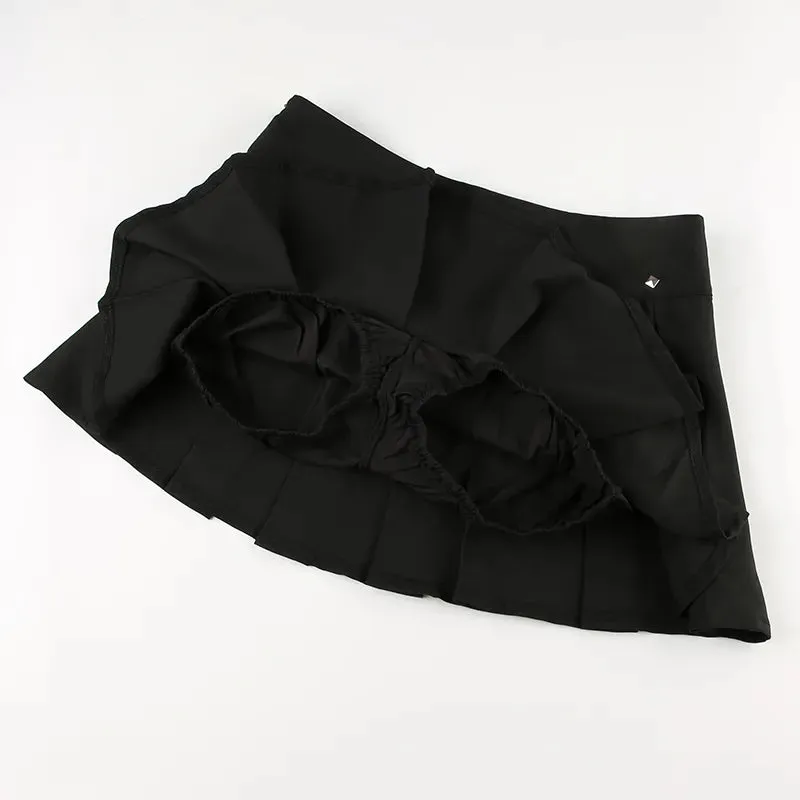 Gothic Black Low Waist Rivet  Pleated Skirt