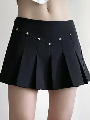Gothic Black Low Waist Rivet  Pleated Skirt
