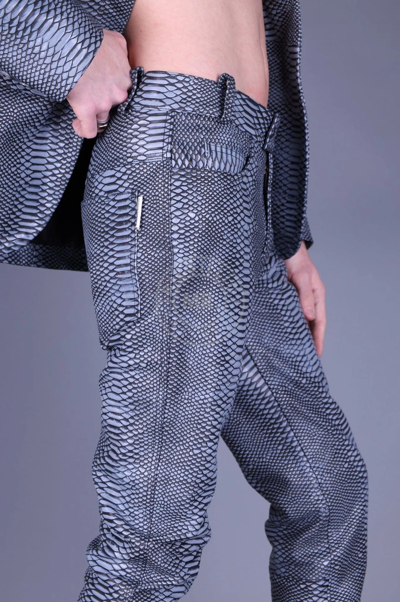 Grey Leather Snake Pants