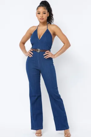 HALTER NECK TIE DENIM JUMPSUIT WITH BELT