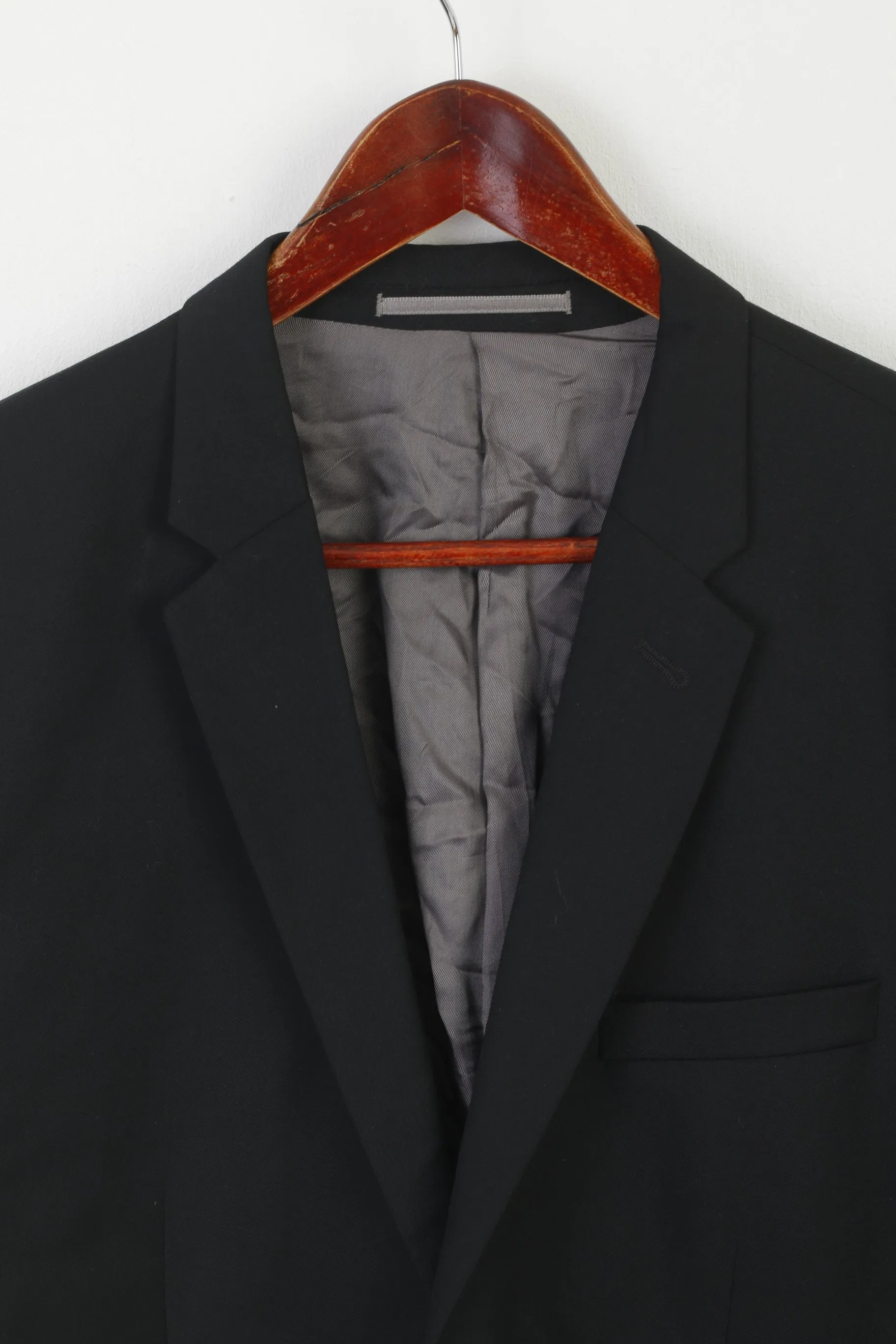H&M Men 42 52 Blazer Black Wool Vanalba Super 110 Slim Single Breasted Jacket