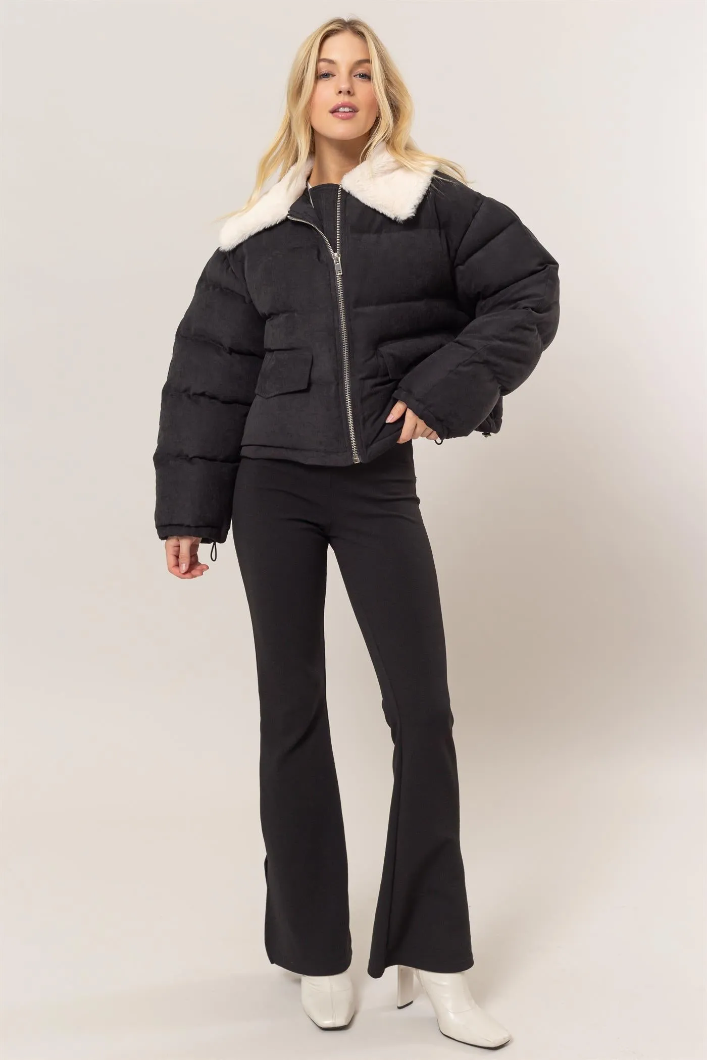 HF25A821-Fur Contrast Puffer Jacket