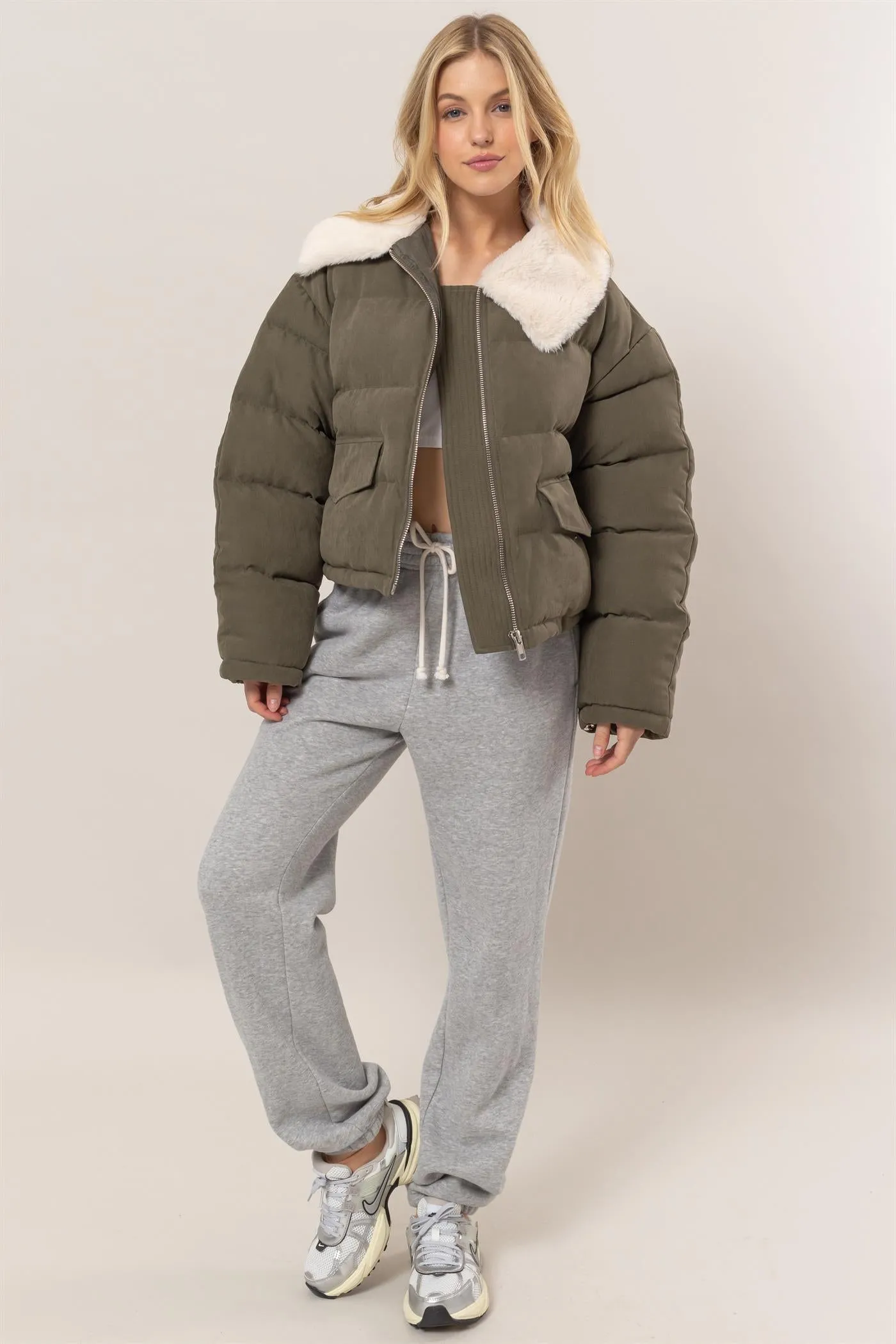 HF25A821-Fur Contrast Puffer Jacket