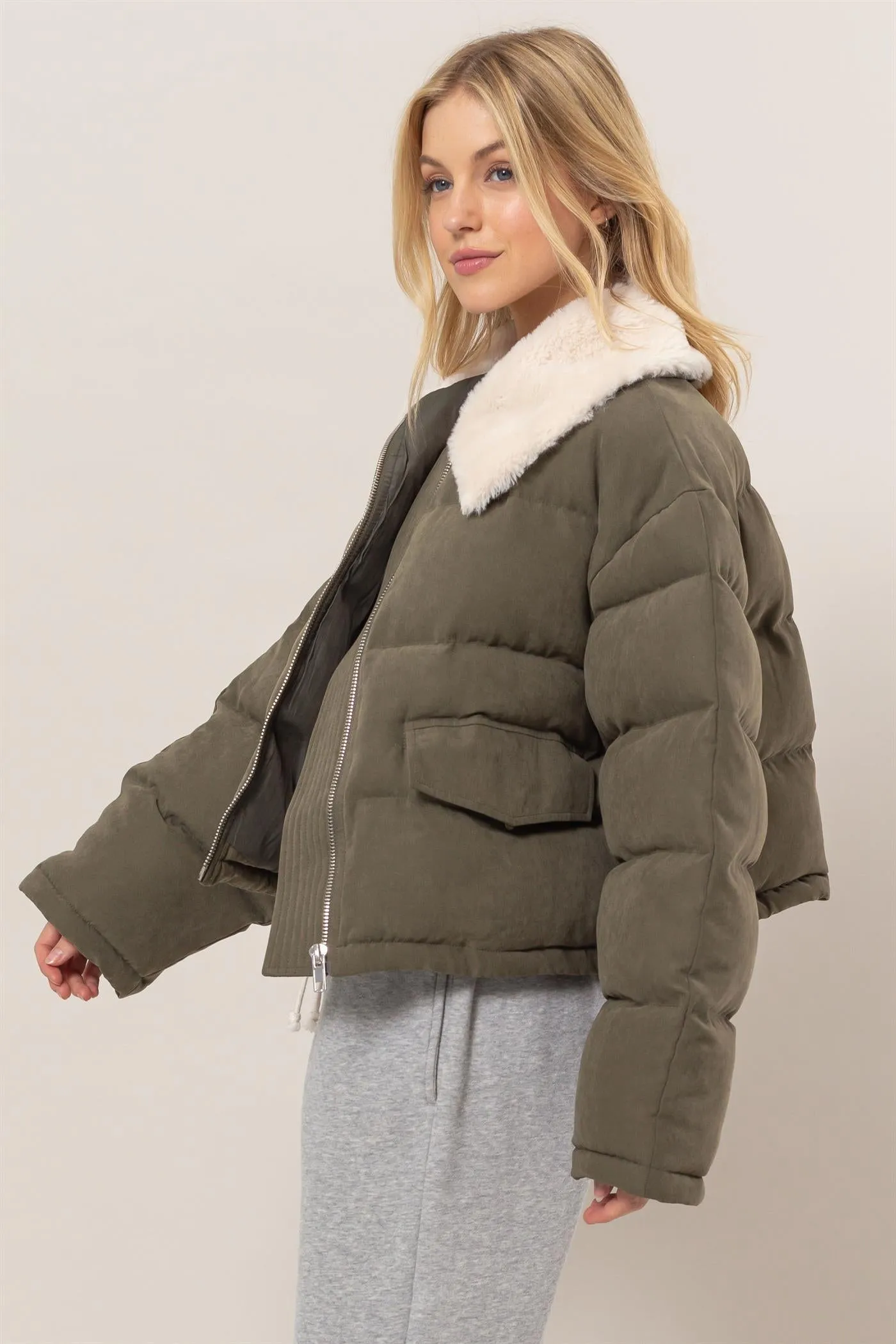 HF25A821-Fur Contrast Puffer Jacket