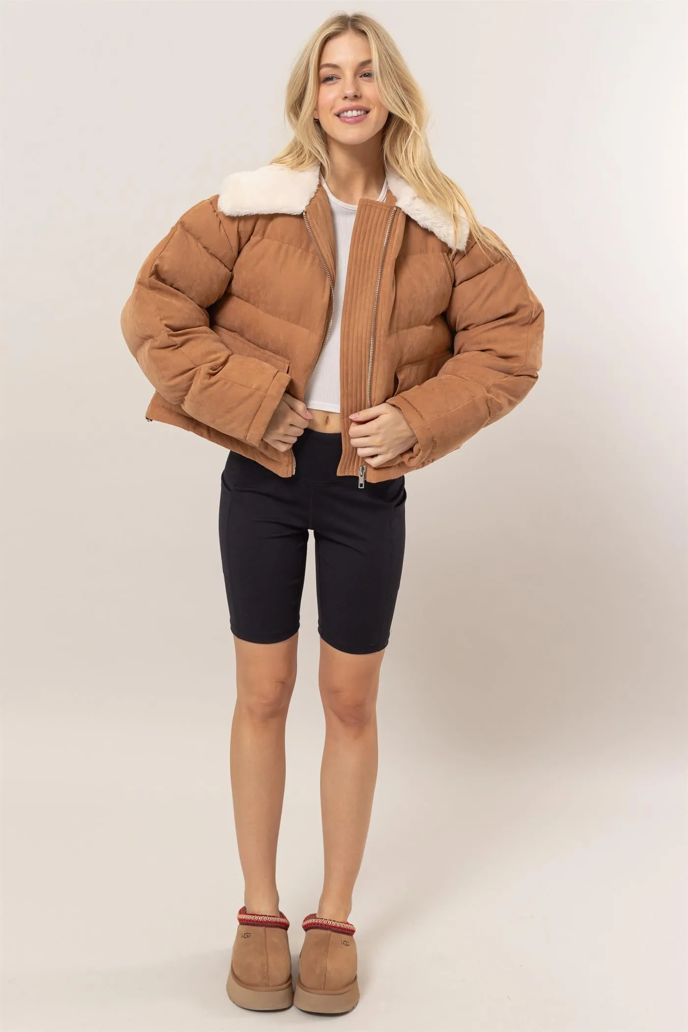 HF25A821-Fur Contrast Puffer Jacket