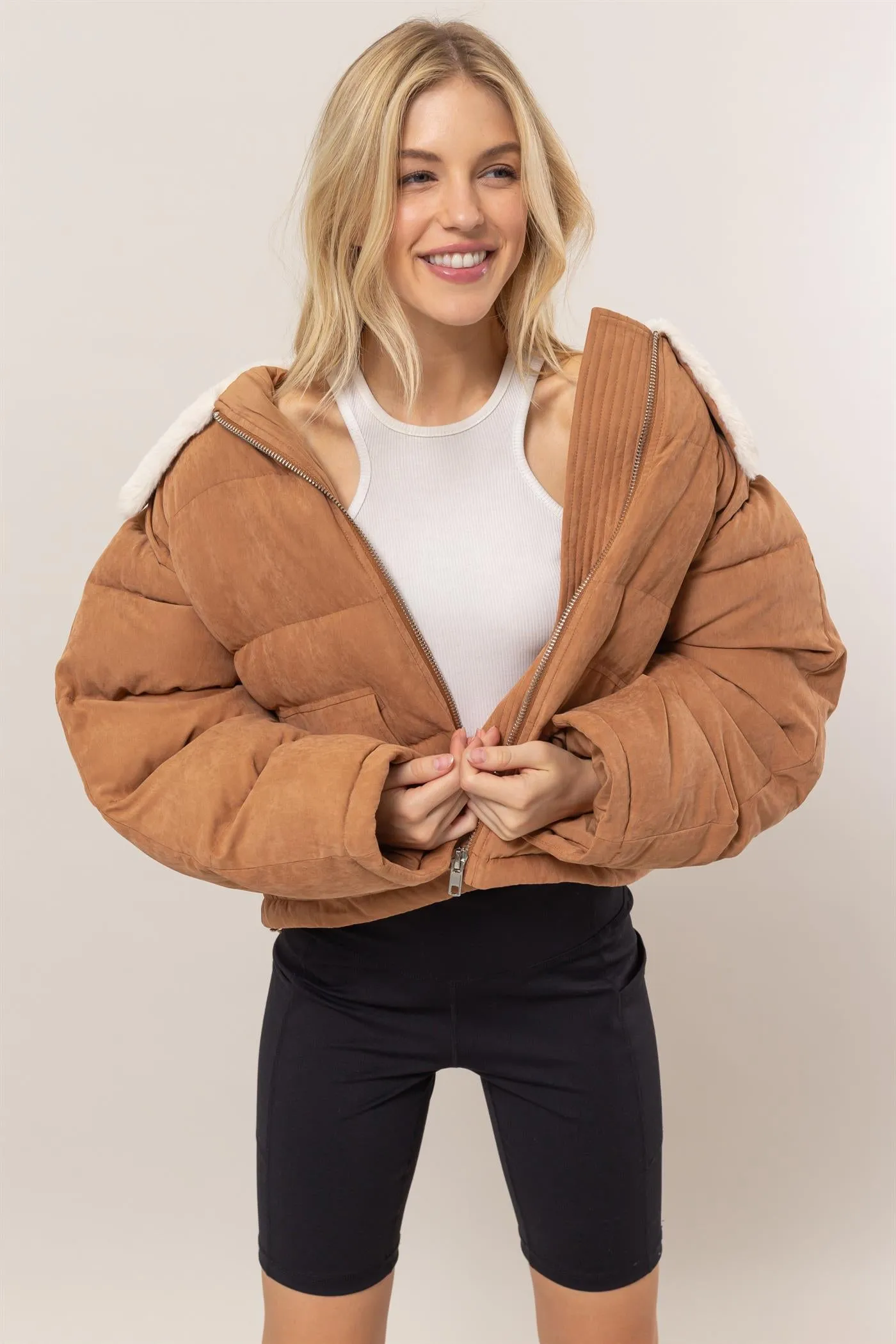 HF25A821-Fur Contrast Puffer Jacket