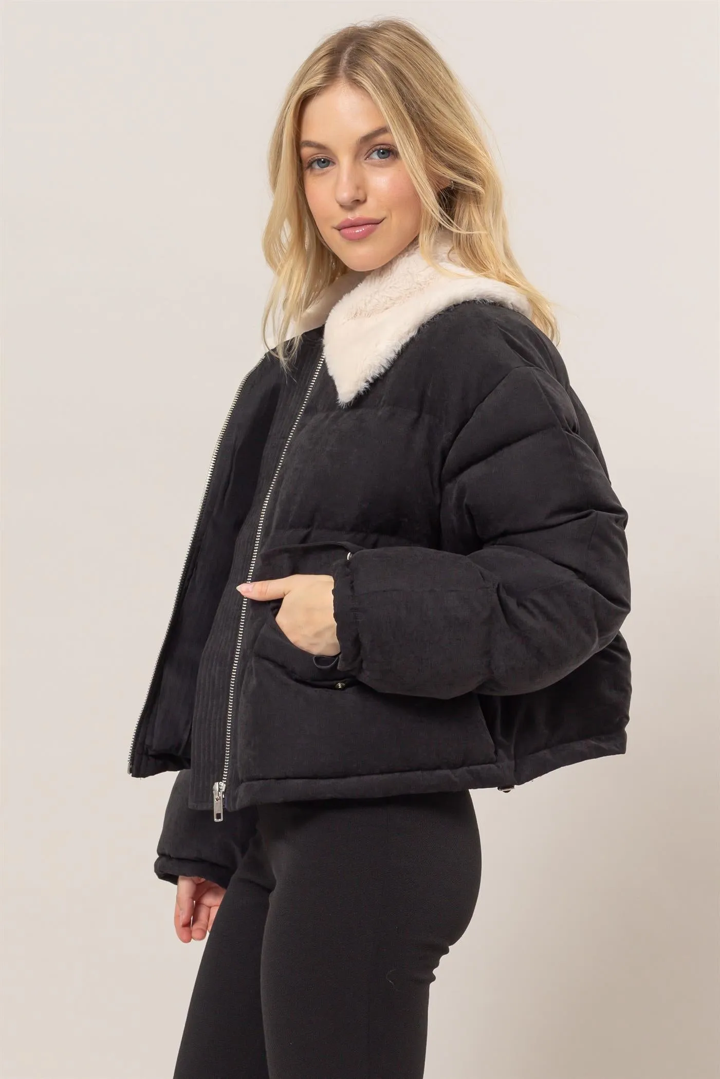 HF25A821-Fur Contrast Puffer Jacket