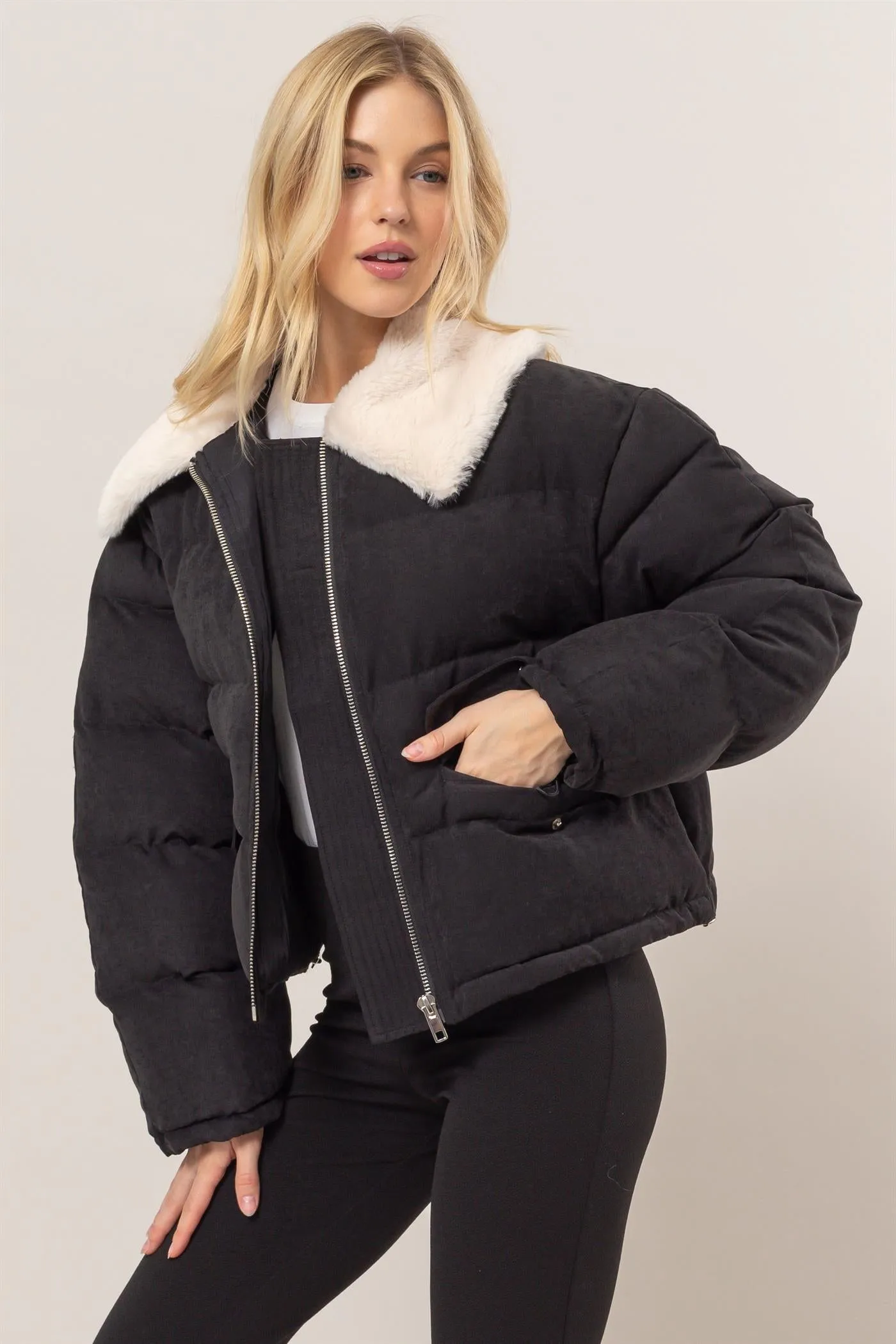 HF25A821-Fur Contrast Puffer Jacket