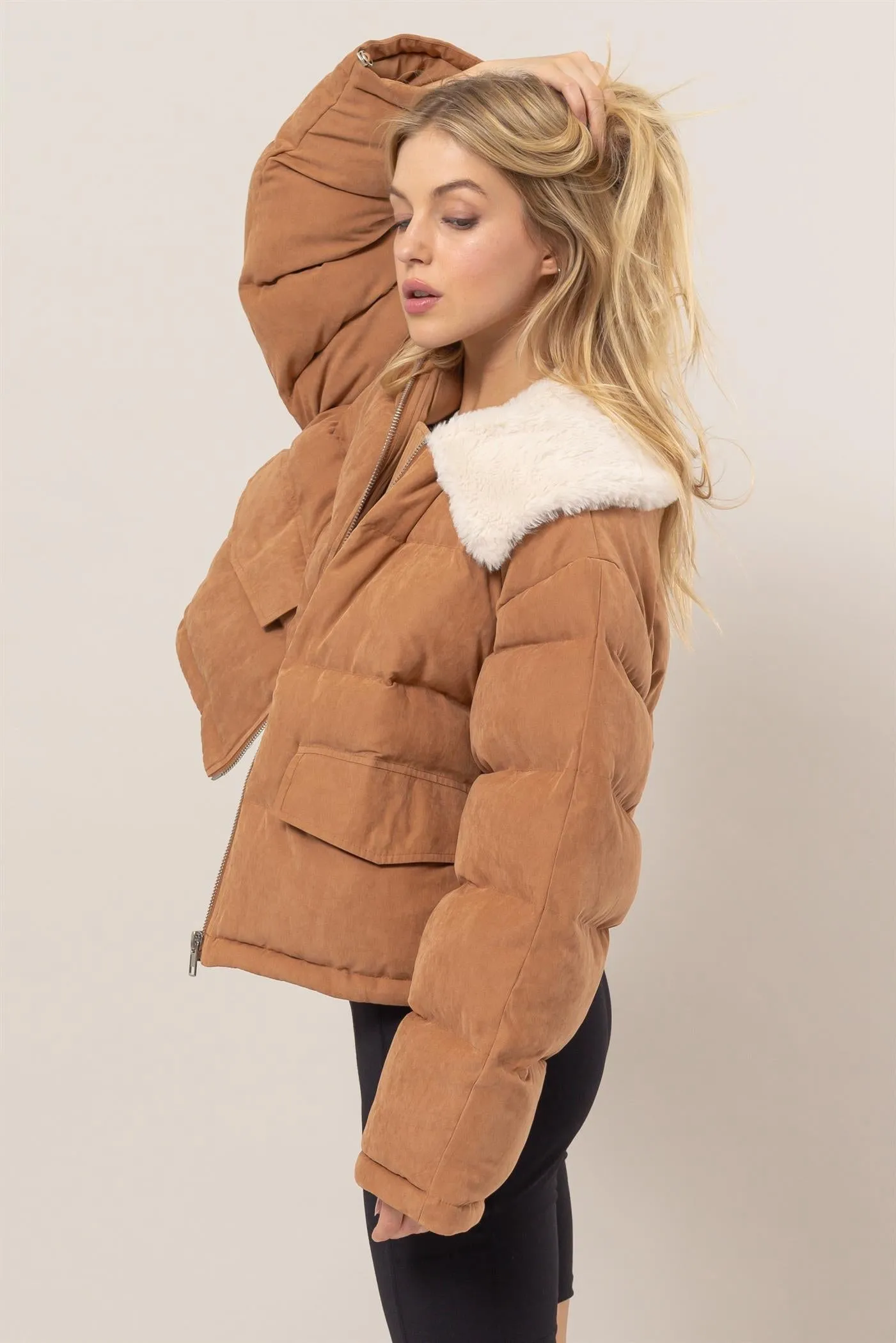 HF25A821-Fur Contrast Puffer Jacket