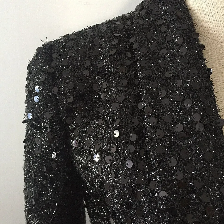 High-end Designer Double Button Sequined Black Blazer