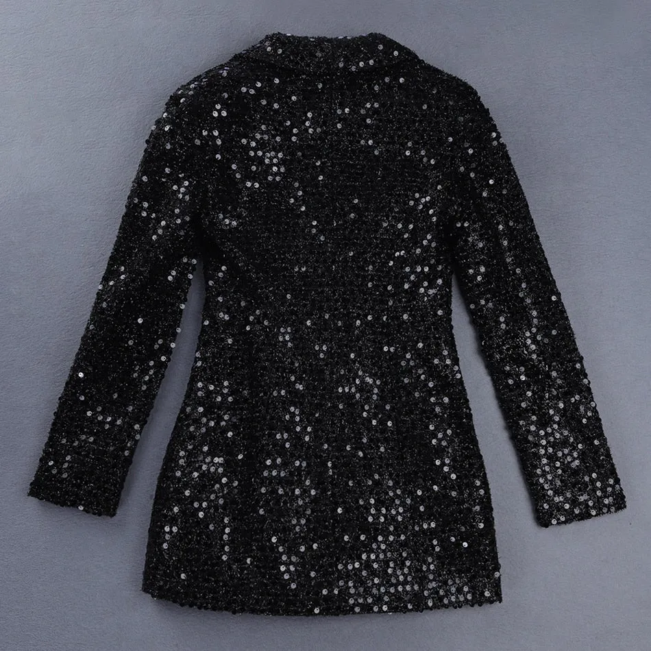 High-end Designer Double Button Sequined Black Blazer