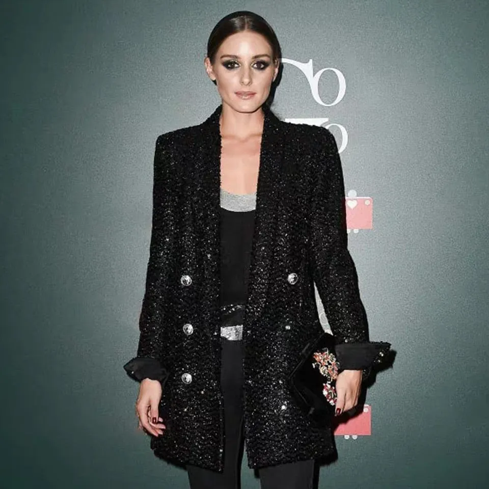 High-end Designer Double Button Sequined Black Blazer
