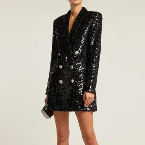 High-end Designer Double Button Sequined Black Blazer
