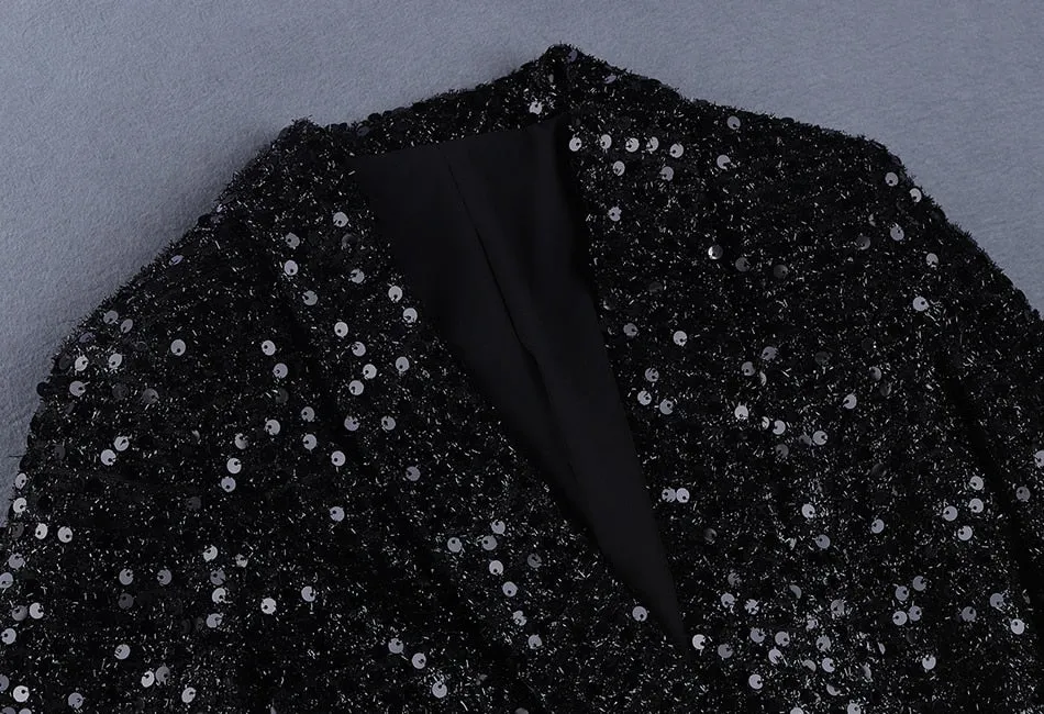High-end Designer Double Button Sequined Black Blazer