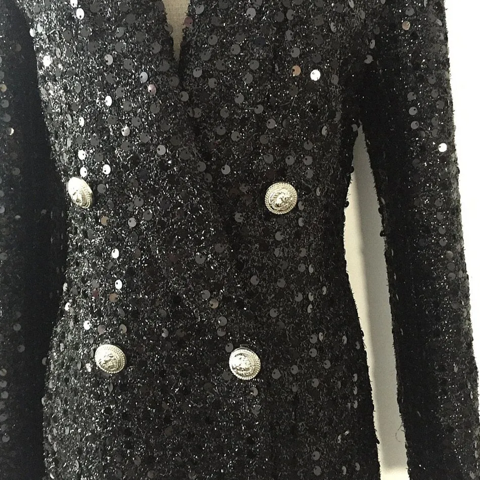 High-end Designer Double Button Sequined Black Blazer