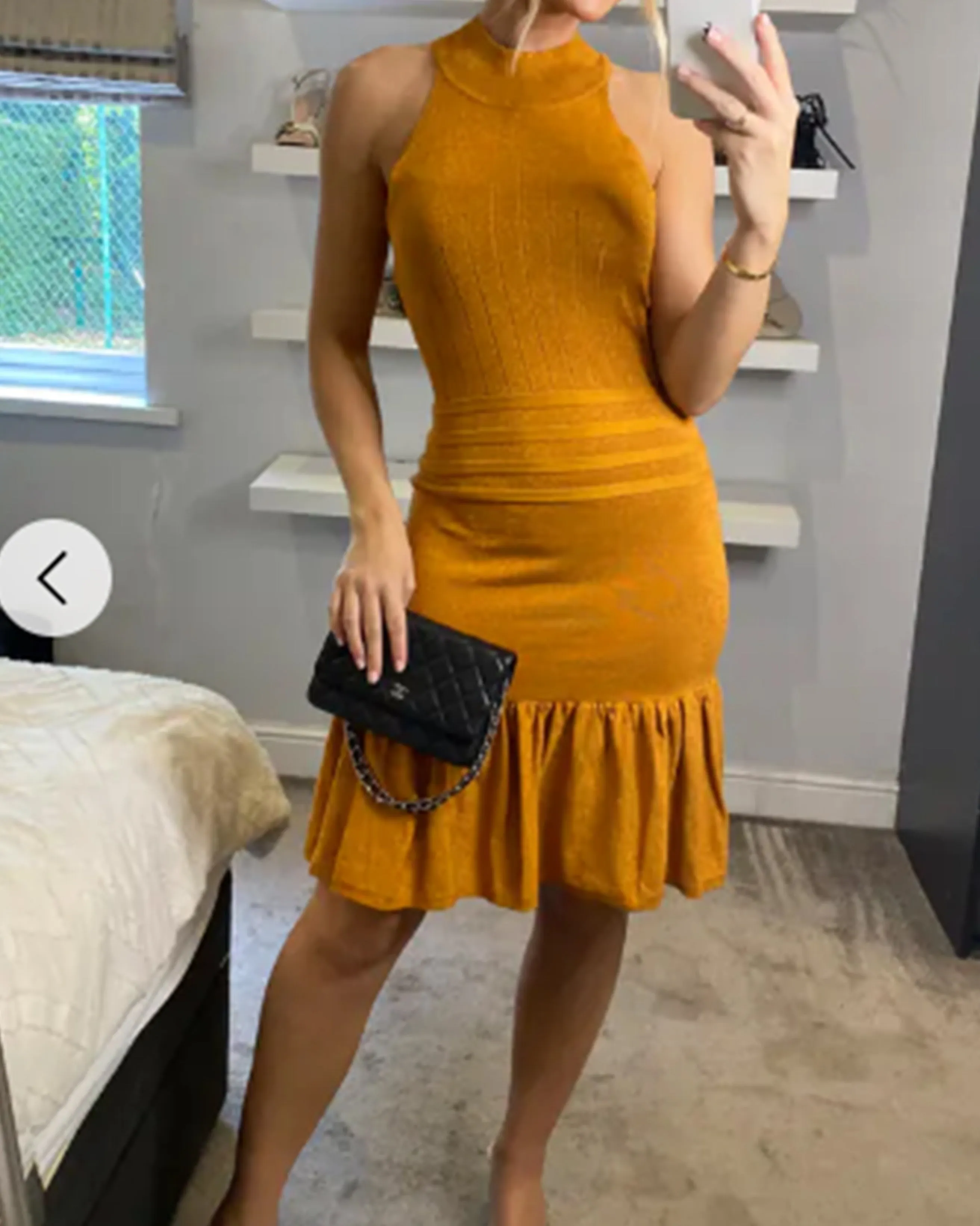 High Neck Pleated Metallic Dress Knee Length In Gold