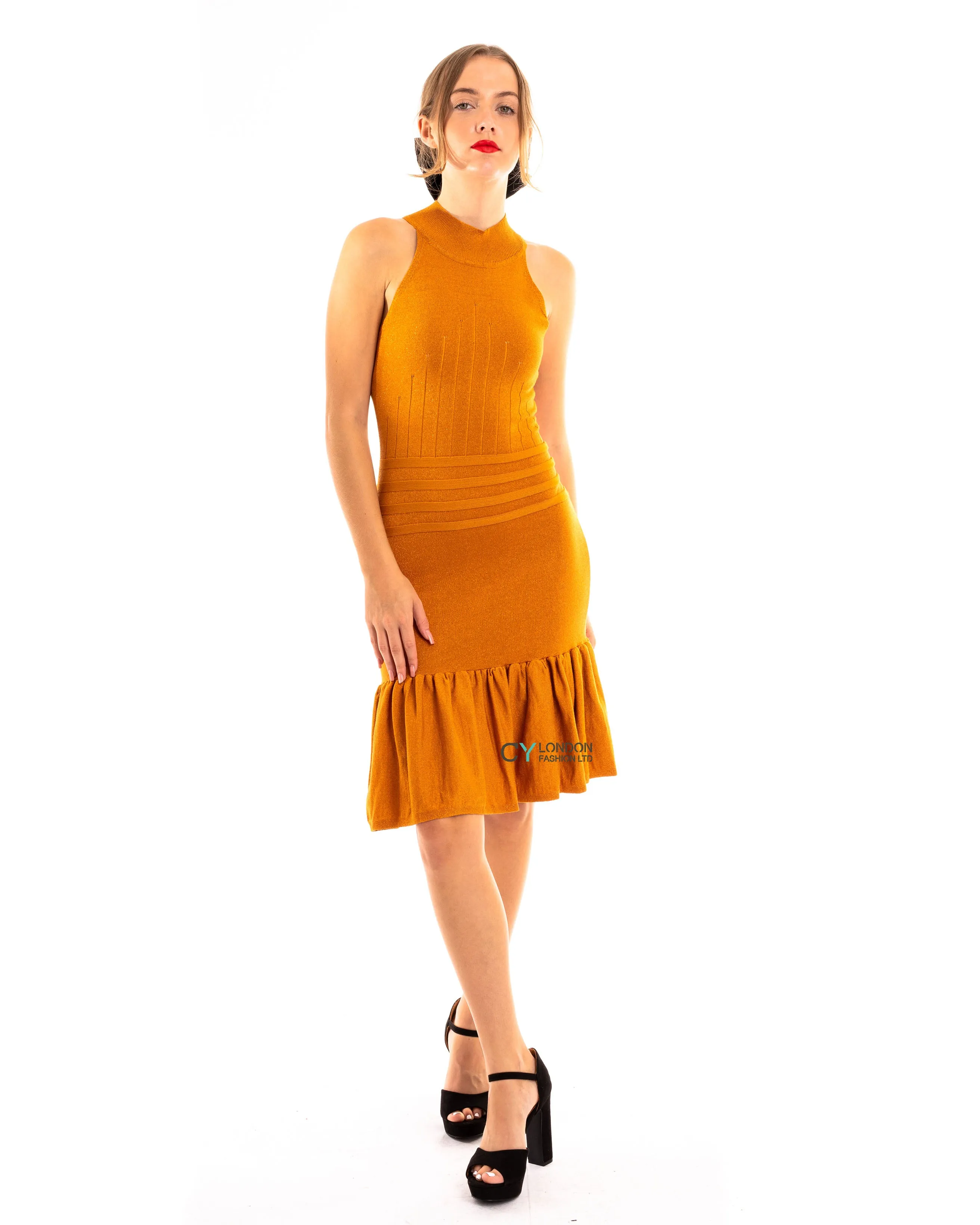 High Neck Pleated Metallic Dress Knee Length In Gold
